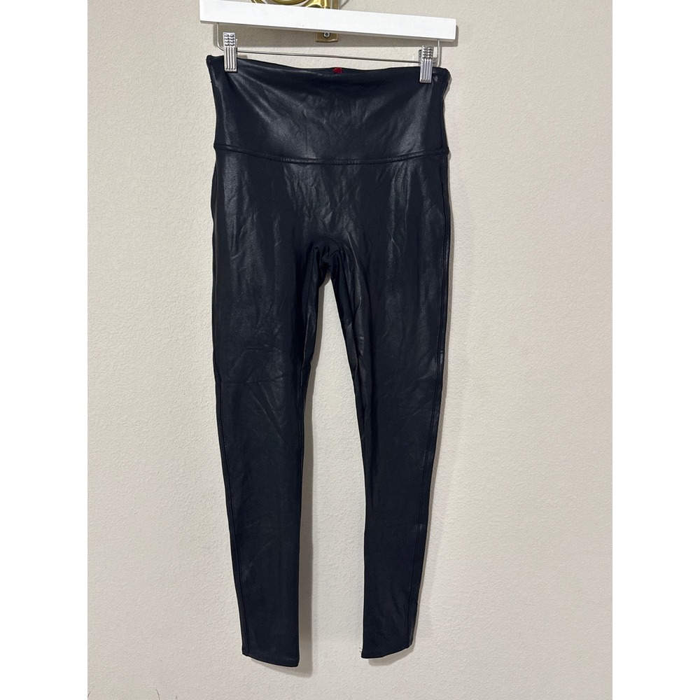 Spanx Faux Leather Leggings Womens L Petite Black High Waisted Compression Edgy